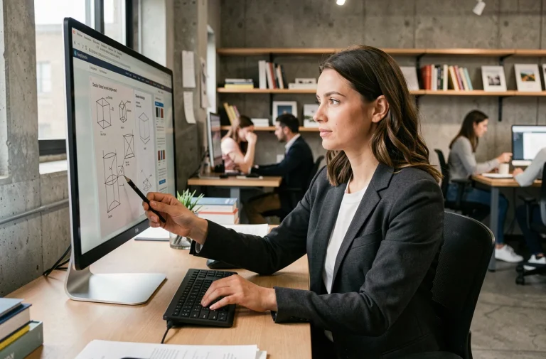 Designer web féminine analysant les coûts de refonte de site professionnel sur un grand écran dans un bureau moderne