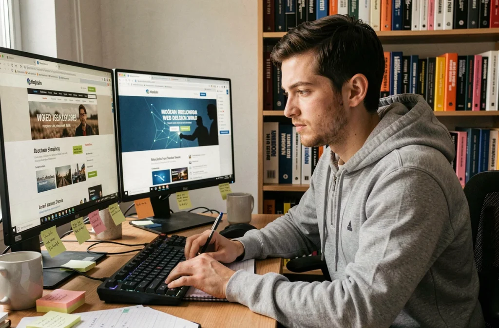 Développeur web freelance comparant un ancien site et sa refonte sur double écran dans un bureau à domicile