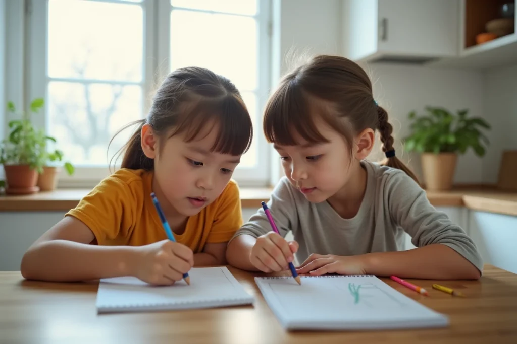Deux enfants frère et sœur faisant leurs devoirs ensemble à la table de la cuisine, illustration du soutien familial dans le développement scolaire