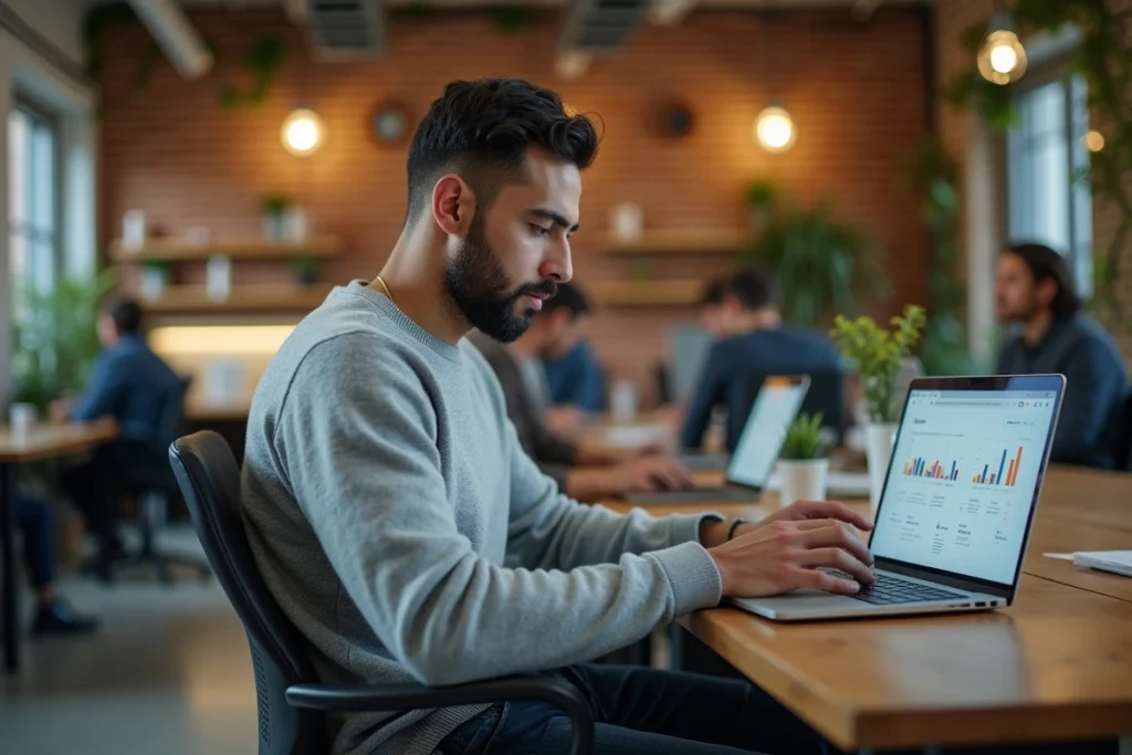 Entrepreneur concentré travaillant sur une plateforme digitale dans un espace de coworking moderne