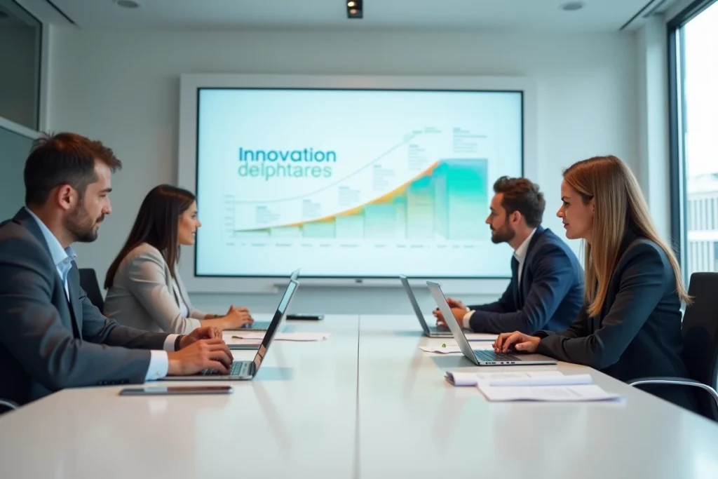 Équipe de professionnels en réunion autour d'une table avec tablettes et stratégie digitale affichée sur tableau interactif