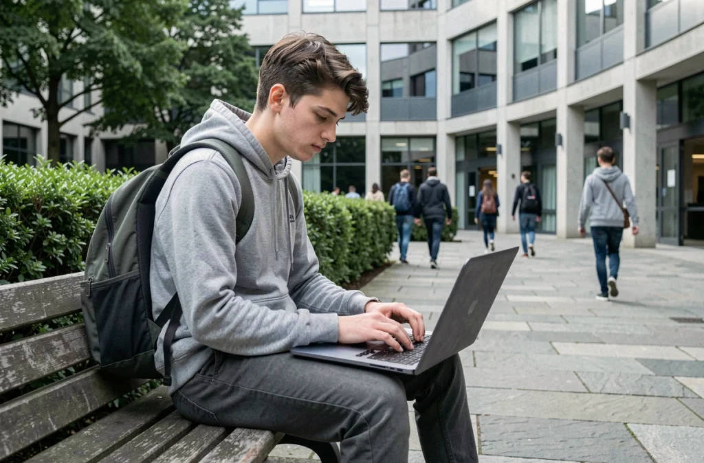 Étudiant consultant sa messagerie académique Lyon sur le campus depuis son ordinateur portable