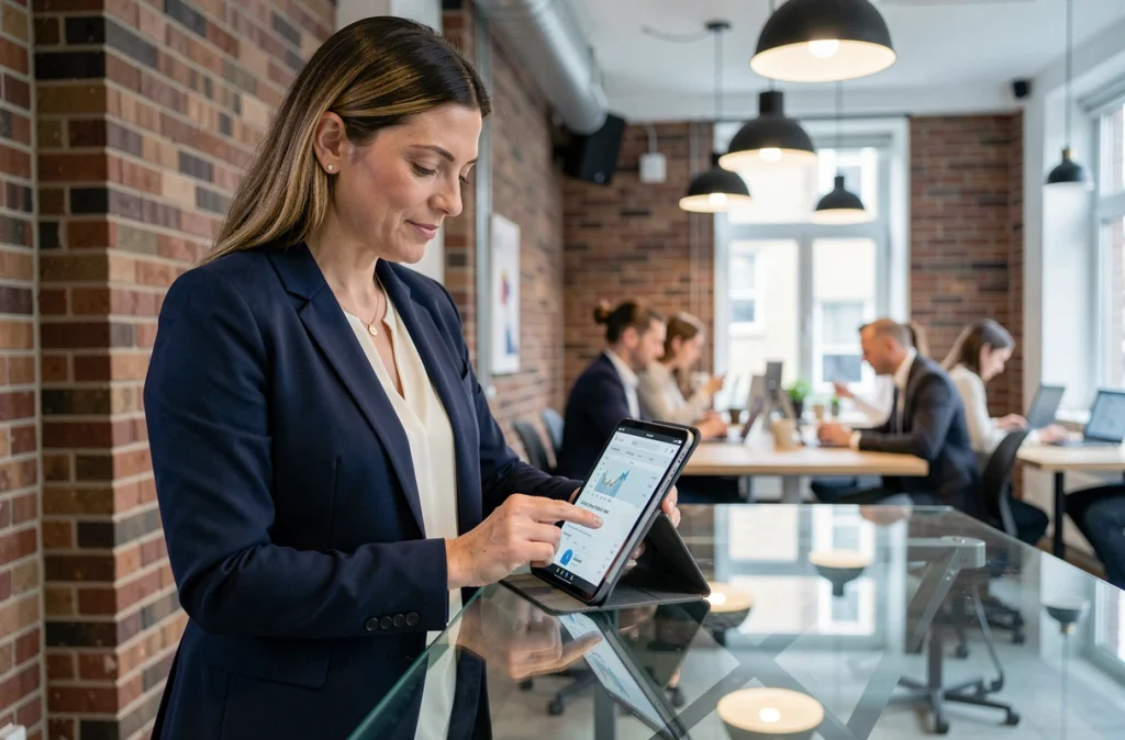 Femme professionnelle consultant les actualités financières sur une tablette dans un espace de coworking