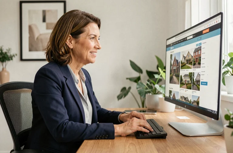Femme professionnelle consultant une agence immobilière en ligne depuis son bureau à domicile