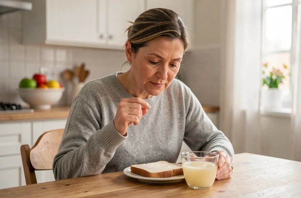 Femme mangeant une collation légère de pain blanc grillé et jus de pomme clair en préparation d'une coloscopie