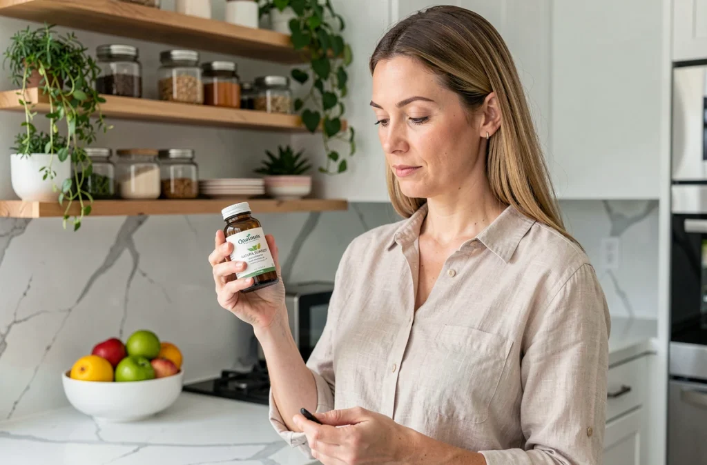 Femme examinant un complément alimentaire naturel à base de safran dans une cuisine moderne et saine