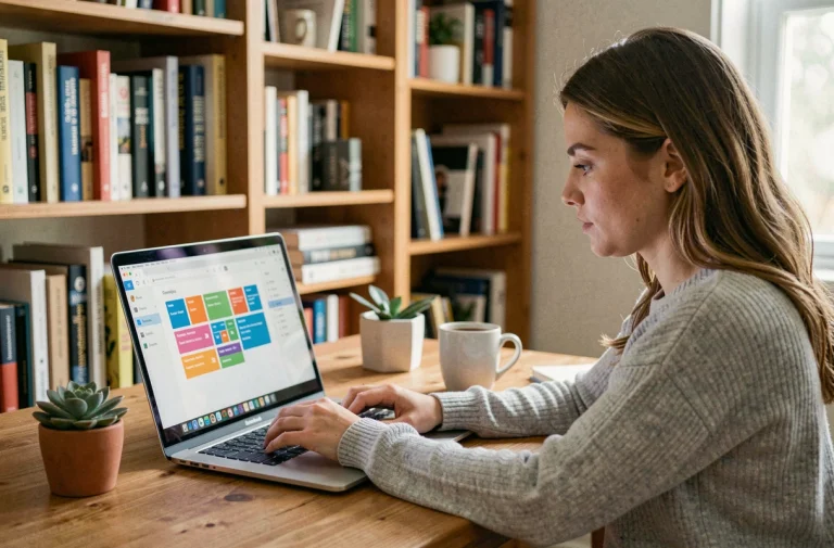 Jeune femme débutante en création de site web travaillant sur un ordinateur portable avec un constructeur de site