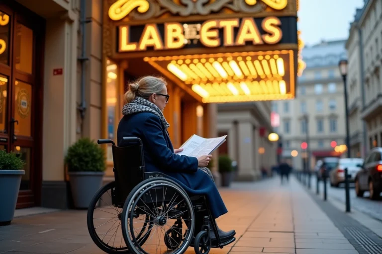 Femme en fauteuil roulant consultant un plan d'accès devant l'entrée Art Déco du Grand Rex à Paris