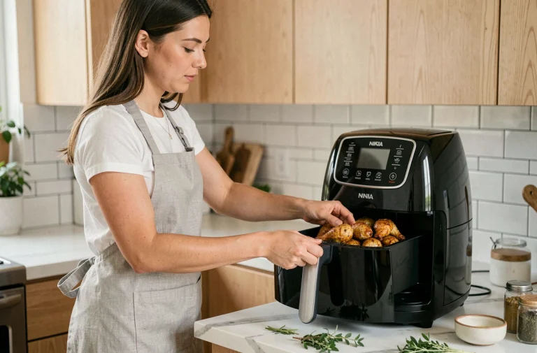 Femme préparant des ailes de poulet dans une friteuse à air Ninja dans une cuisine moderne
