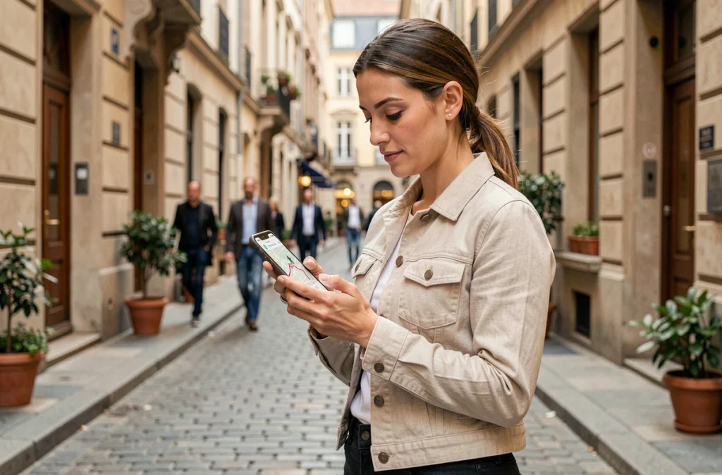 Femme consultant son itinéraire piéton sur Google Maps en pleine rue pavée en ville