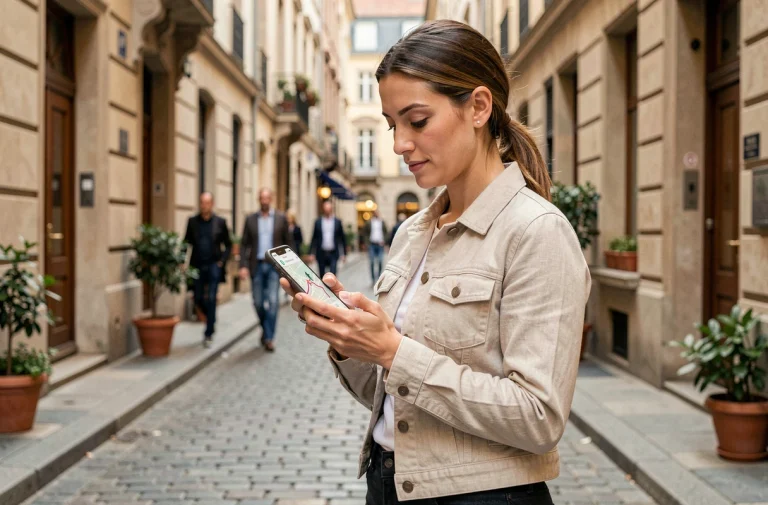 Femme consultant son itinéraire piéton sur Google Maps en pleine rue pavée en ville