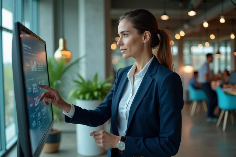 Femme professionnelle interagissant avec un écran tactile affichant des tableaux de bord numériques dans un bureau moderne