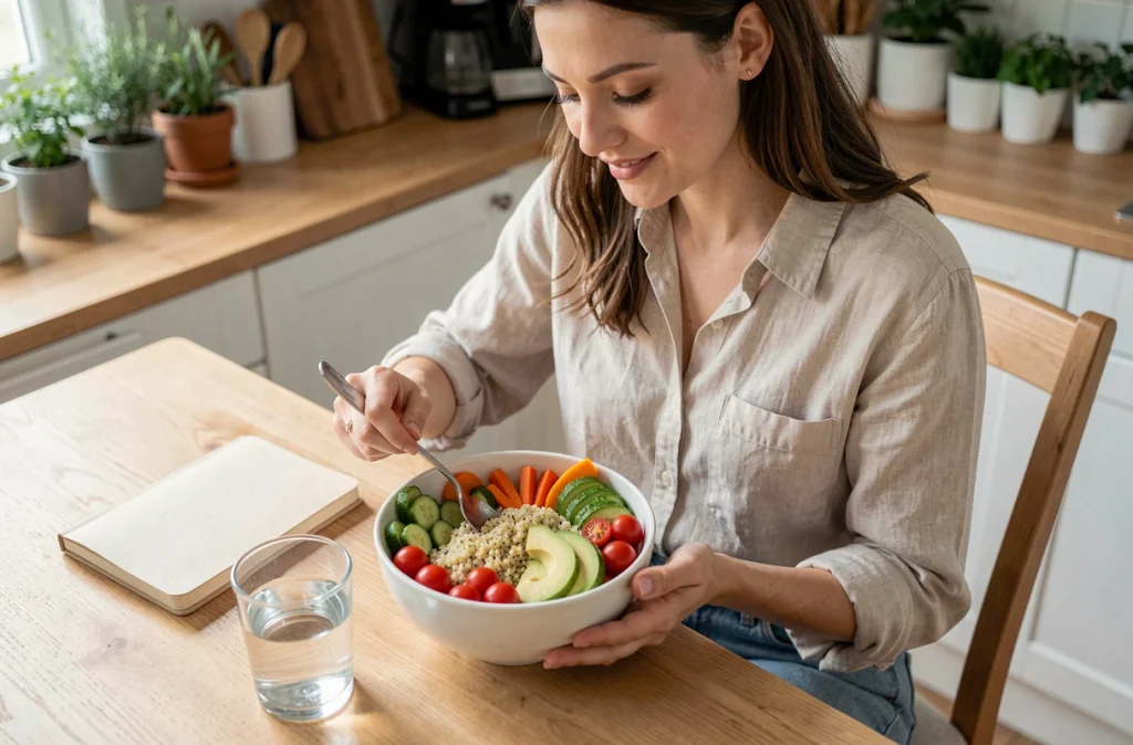 Femme préparant un repas sain et équilibré dans une cuisine moderne pour illustrer les conseils nutritionnels santé
