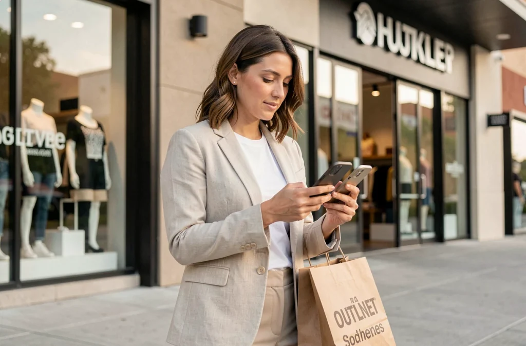 Femme consultant les horaires d'un magasin au Village des Marques Miramas avec ses sacs de shopping