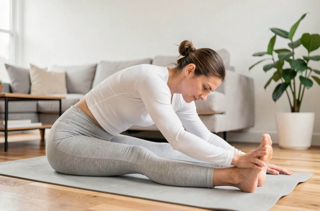 Femme pratiquant le yoga sur un tapis dans un appartement moderne pour rester en bonne santé au quotidien