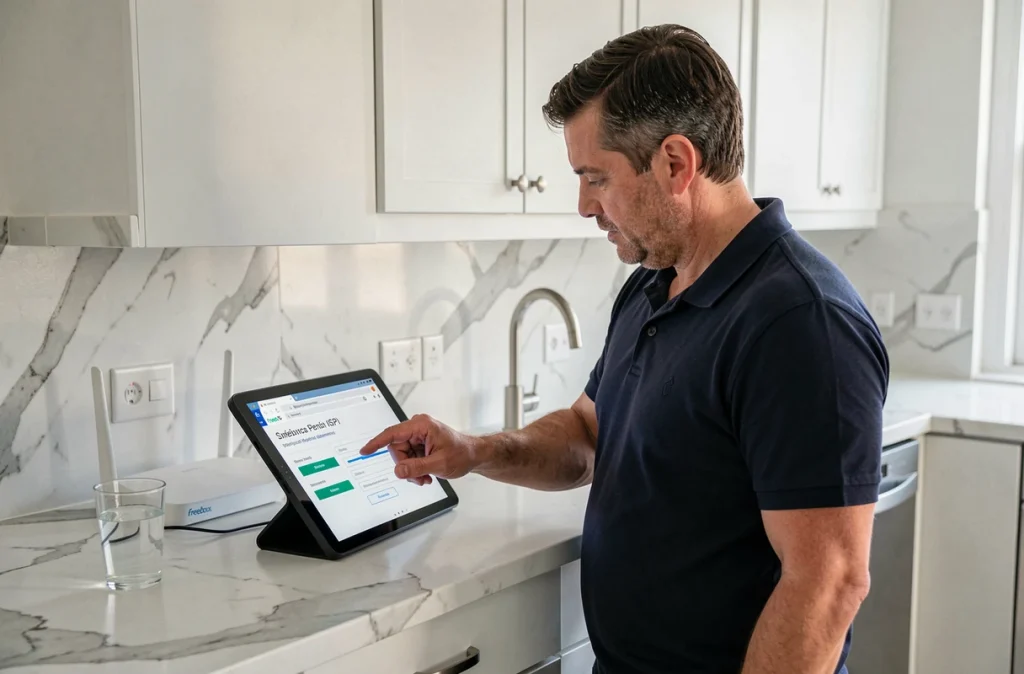 Homme gérant les paramètres de sécurité WiFi Free sur une tablette posée sur un comptoir de cuisine avec une Freebox visible
