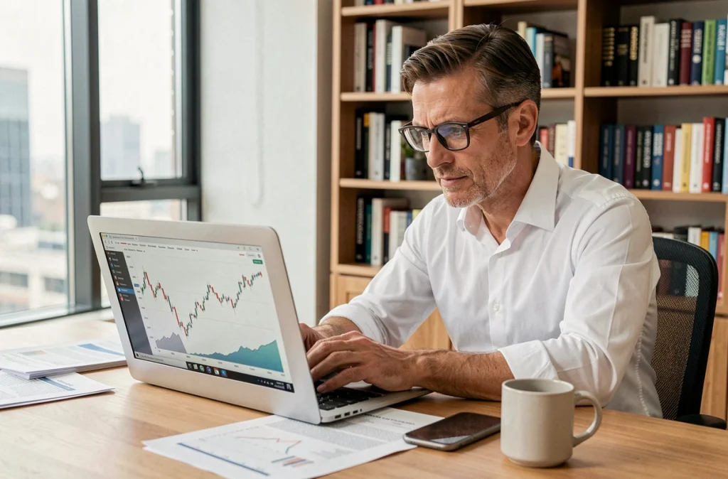 Homme d'affaires analysant des graphiques financiers sur un ordinateur portable dans un bureau moderne à domicile