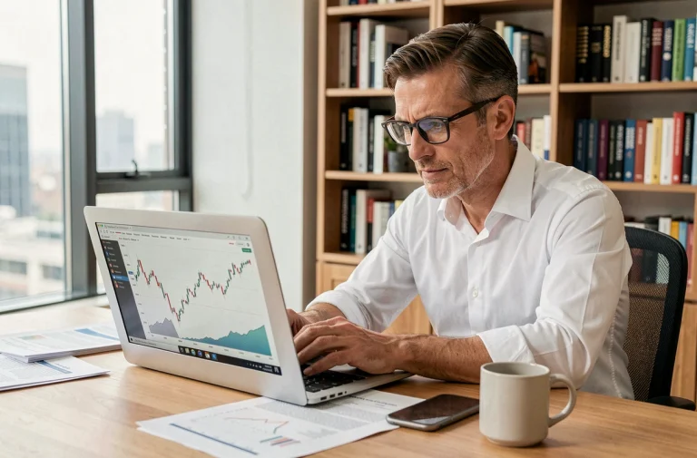 Homme d'affaires analysant des graphiques financiers sur un ordinateur portable dans un bureau moderne à domicile