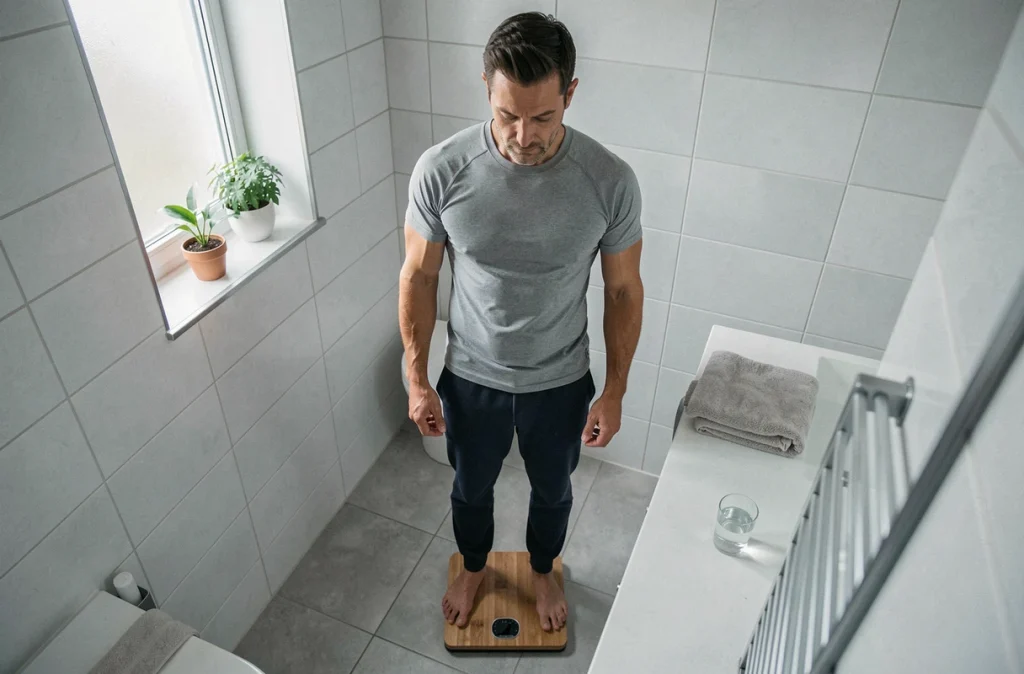 Homme sur une balance dans une salle de bain minimaliste dans le cadre d'un suivi de poids et métabolisme