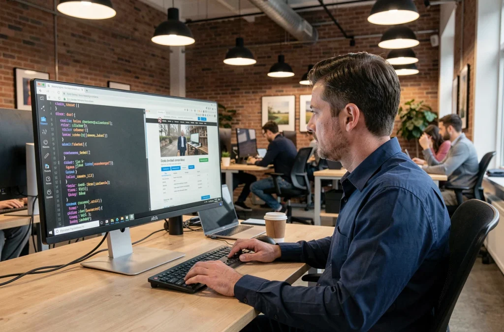 Homme développeur débutant apprenant à créer un site internet dans un espace de coworking moderne