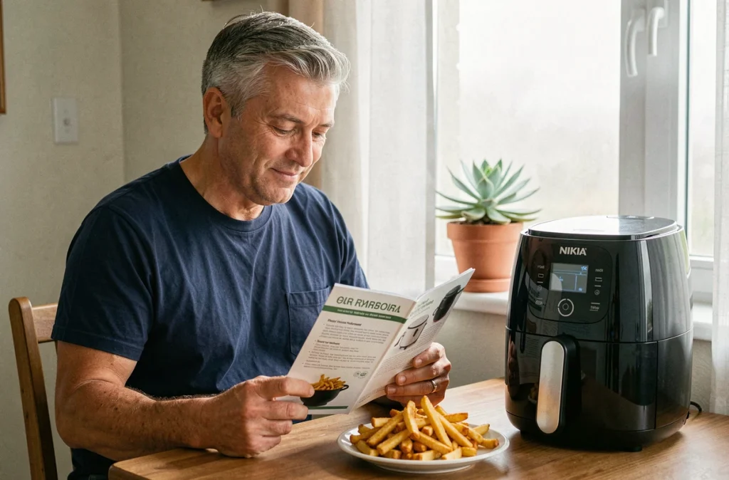 Homme lisant un guide de recettes pour friteuse à air Ninja avec des frites croustillantes sur la table
