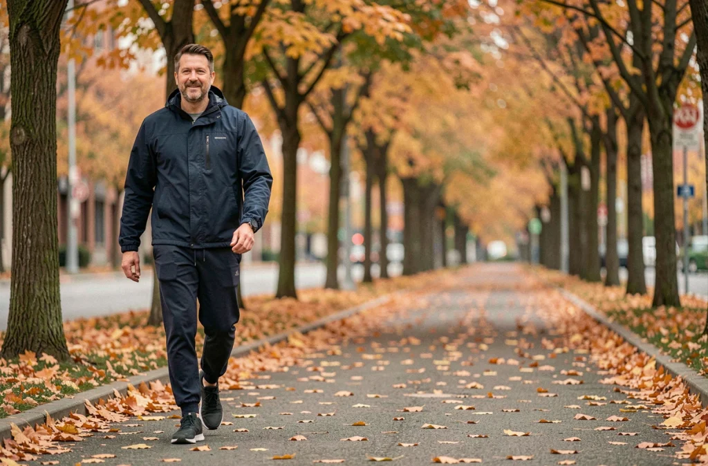 Homme marchant rapidement dans un parc urbain en automne pour adopter de bonnes habitudes de santé