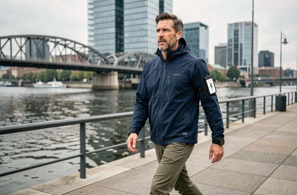 Homme marchant avec un itinéraire Google Maps affiché sur smartphone le long d'un quai urbain