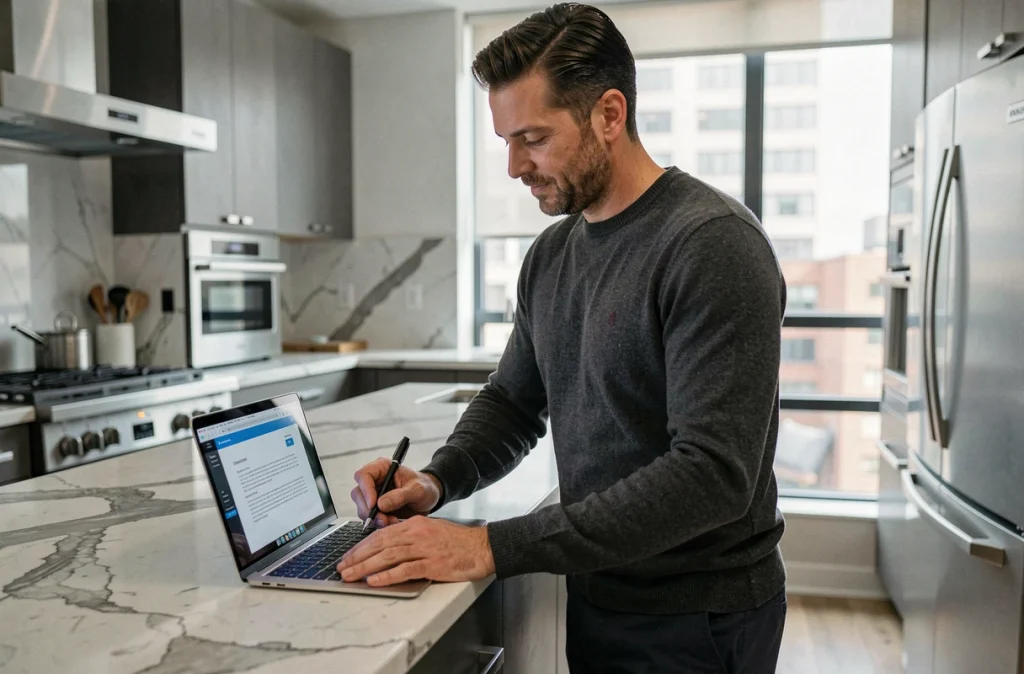 Homme finalisant une transaction immobilière en ligne depuis sa cuisine moderne