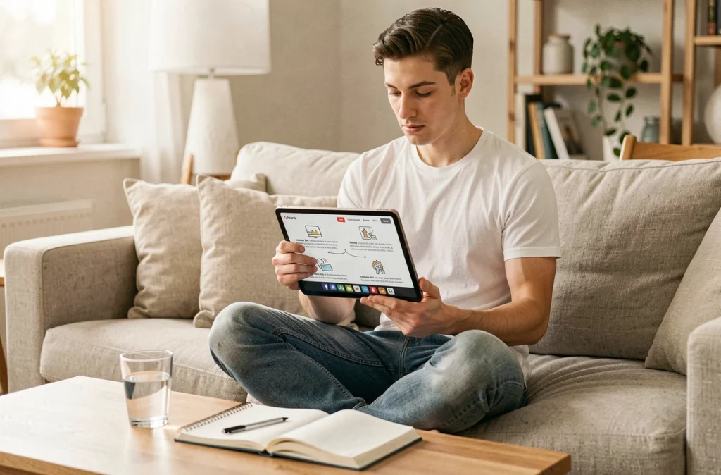 Jeune homme apprenant à créer un site web avec un tutoriel sur tablette depuis son canapé