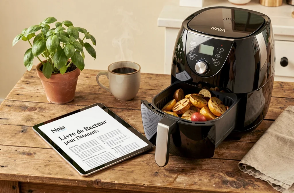 Livre de recettes air fryer en PDF affiché sur tablette à côté d'une friteuse Ninja avec légumes dorés