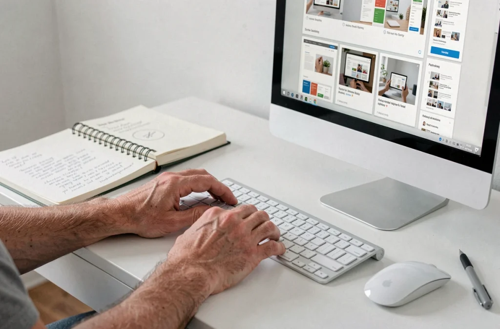 Mains d'un utilisateur choisissant un modèle de site web sur un ordinateur de bureau pour débutants