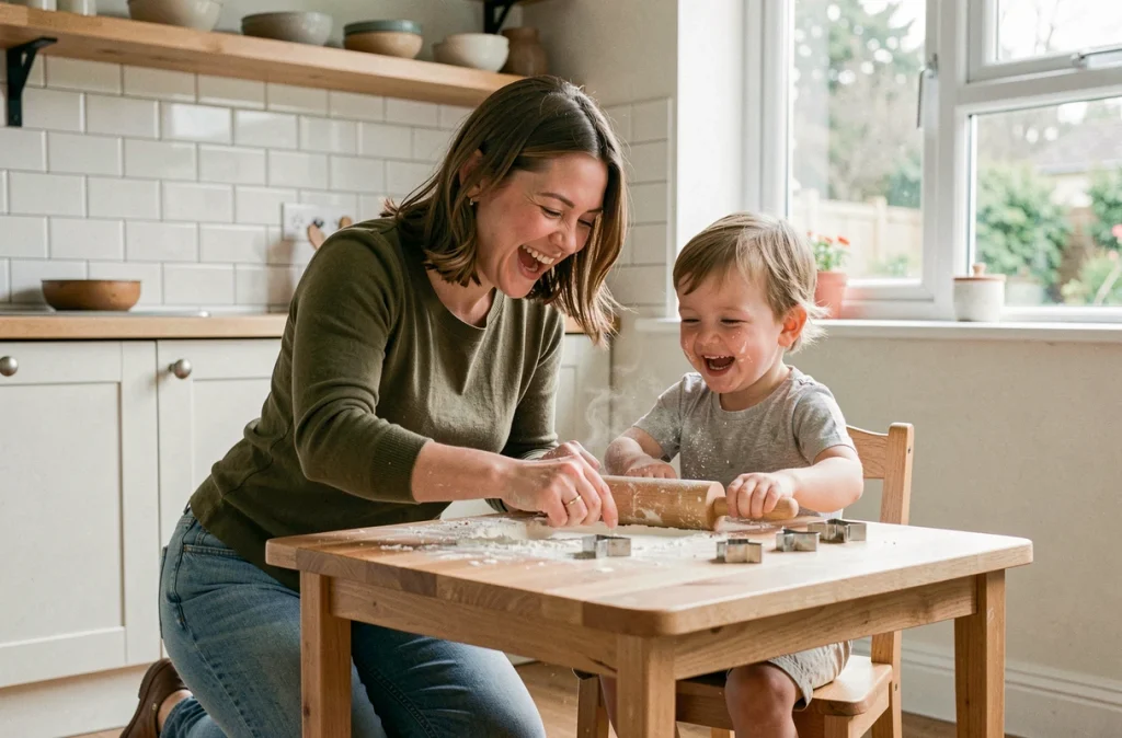 Mère et enfant en train de cuisiner ensemble dans une cuisine familiale authentique et conviviale