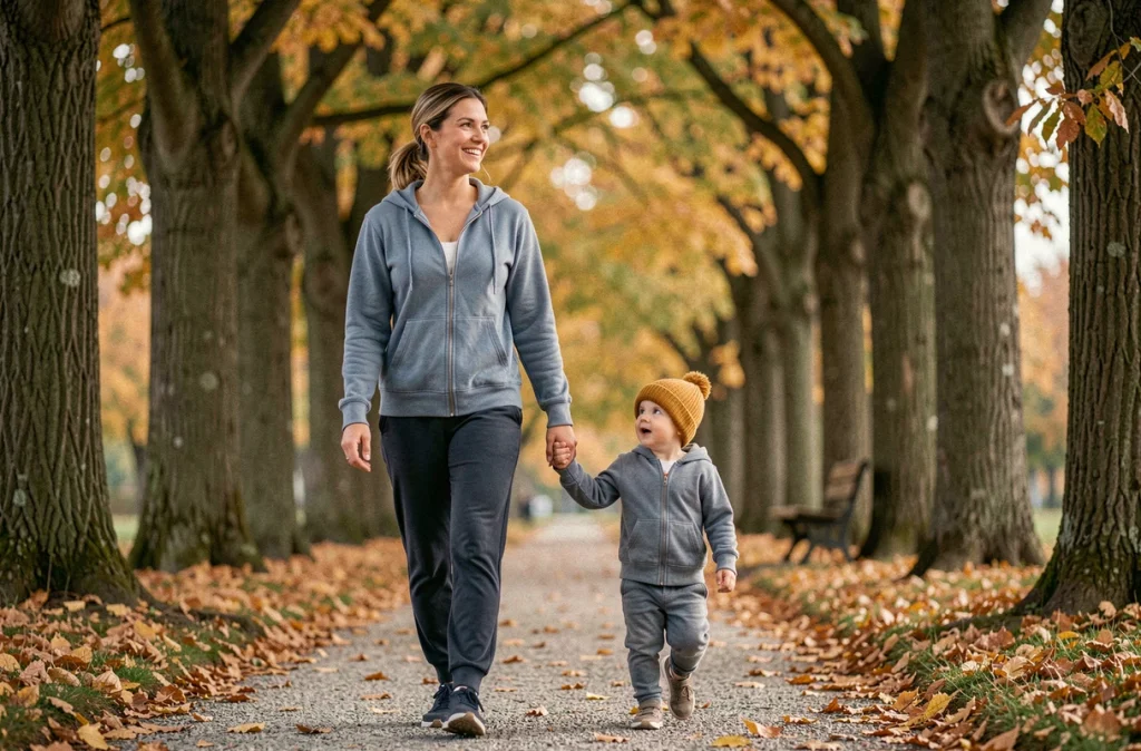 Mère et enfant se promenant main dans la main dans un parc en automne parmi les feuilles dorées
