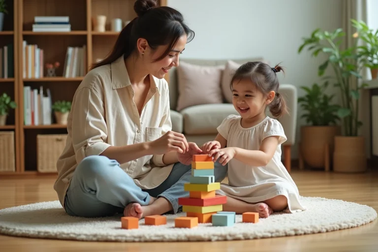 Mère et fille jouant ensemble avec des blocs de bois en bois sur le sol du salon, dans un environnement chaleureux et bienveillant