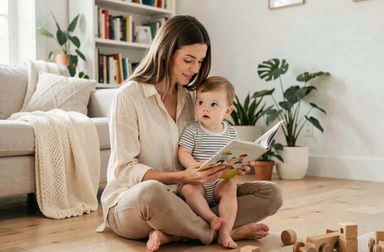 Jeune mère épanouie lisant un livre illustré à son tout-petit sur le parquet d'un salon chaleureux et lumineux