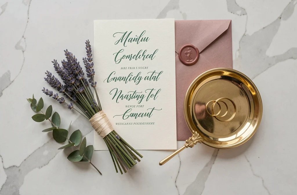 Flat-lay de papeterie de mariage artisanale avec menu calligraphié, enveloppe cachetée à la cire et lavande séchée sur marbre blanc