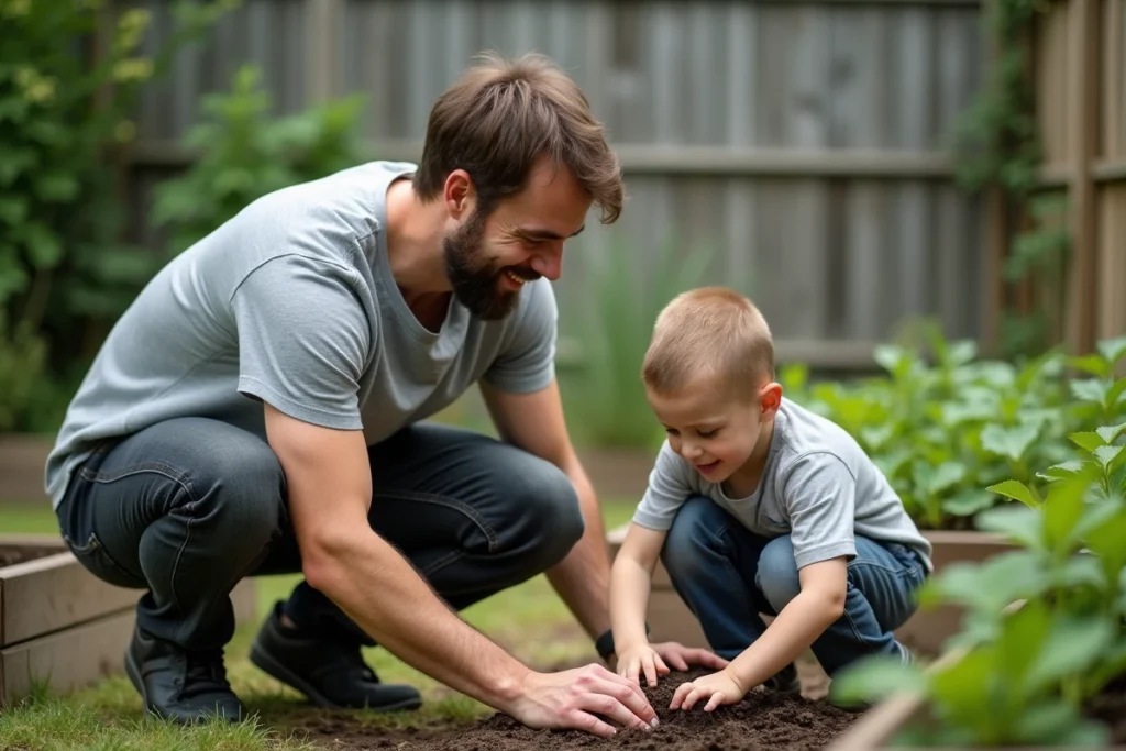 Père et fils en train de planter des semis dans un potager extérieur, activité éducative et épanouissante pour le développement de l'enfant