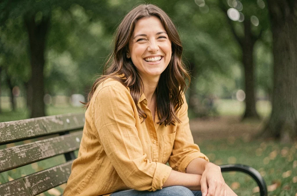 Femme souriante à la personnalité solaire assise dans un parc, rayonnant d'énergie positive au quotidien