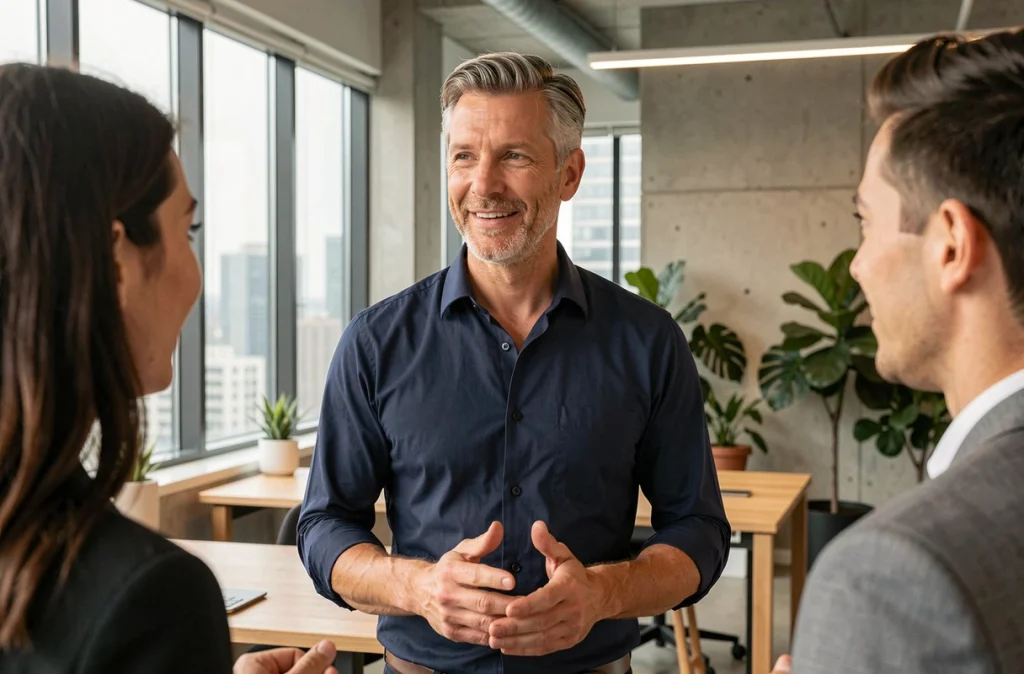 Homme charismatique à la personnalité solaire inspirant ses collègues dans un bureau moderne