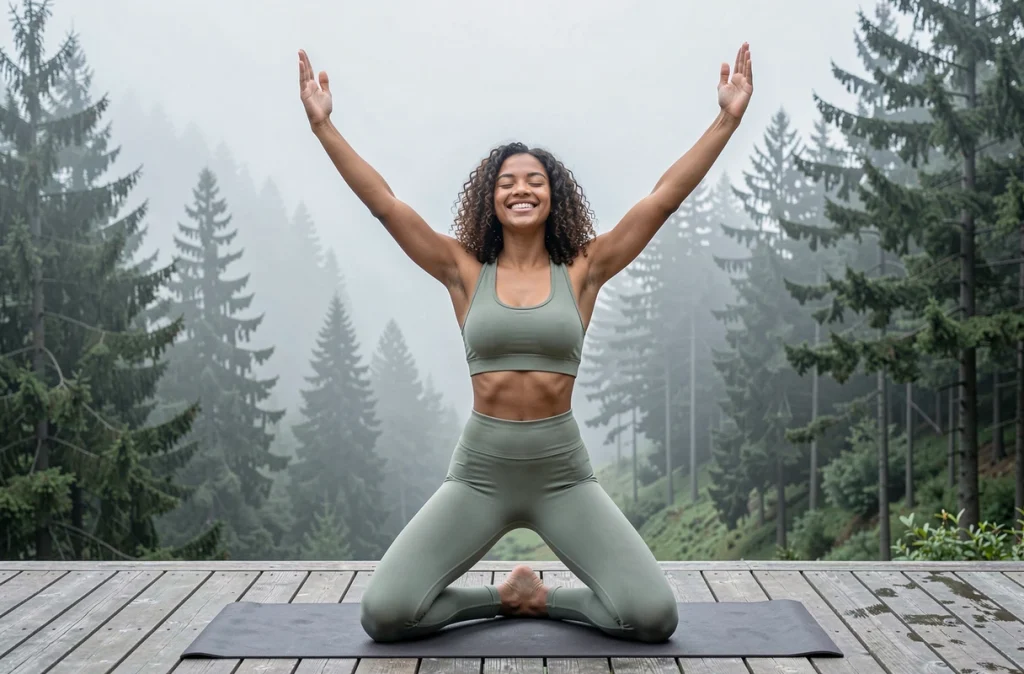Jeune femme épanouie pratiquant le yoga en plein air, incarnant la personnalité solaire et le bien-être quotidien