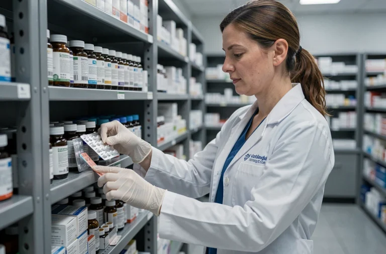 Pharmacienne organisant des médicaments dans une pharmacie hospitalière moderne avec des rayonnages métalliques