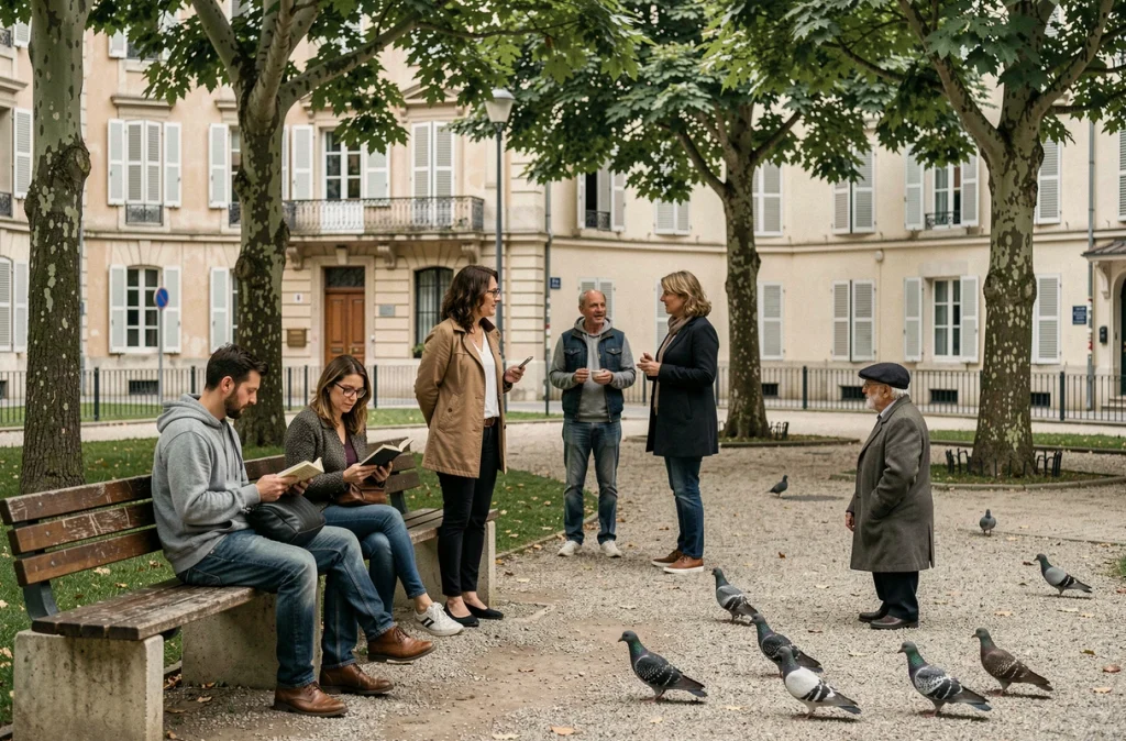 Habitants du quartier Mermoz réunis sur une place publique à Lyon, scène de vie sociale et convivialité de quartier