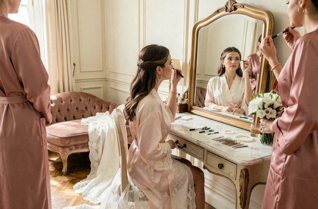 Préparatifs de la mariée dans une suite d'hôtel boutique entourée de ses demoiselles d'honneur le matin du mariage