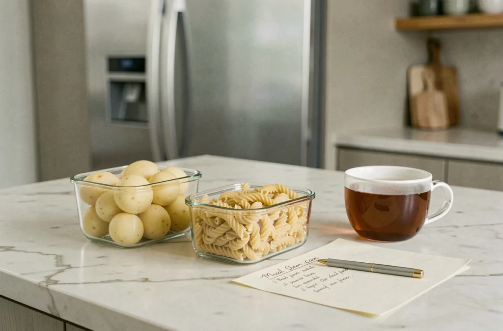 Préparation de repas simples dans des boîtes en verre avec pommes de terre vapeur, pâtes nature et tisane pour régime avant coloscopie