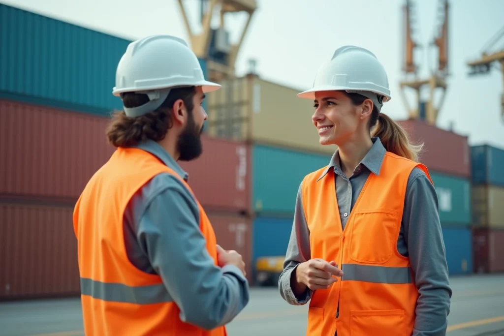 Professionnelle de la logistique en discussion avec un opérateur portuaire dans un terminal de fret maritime