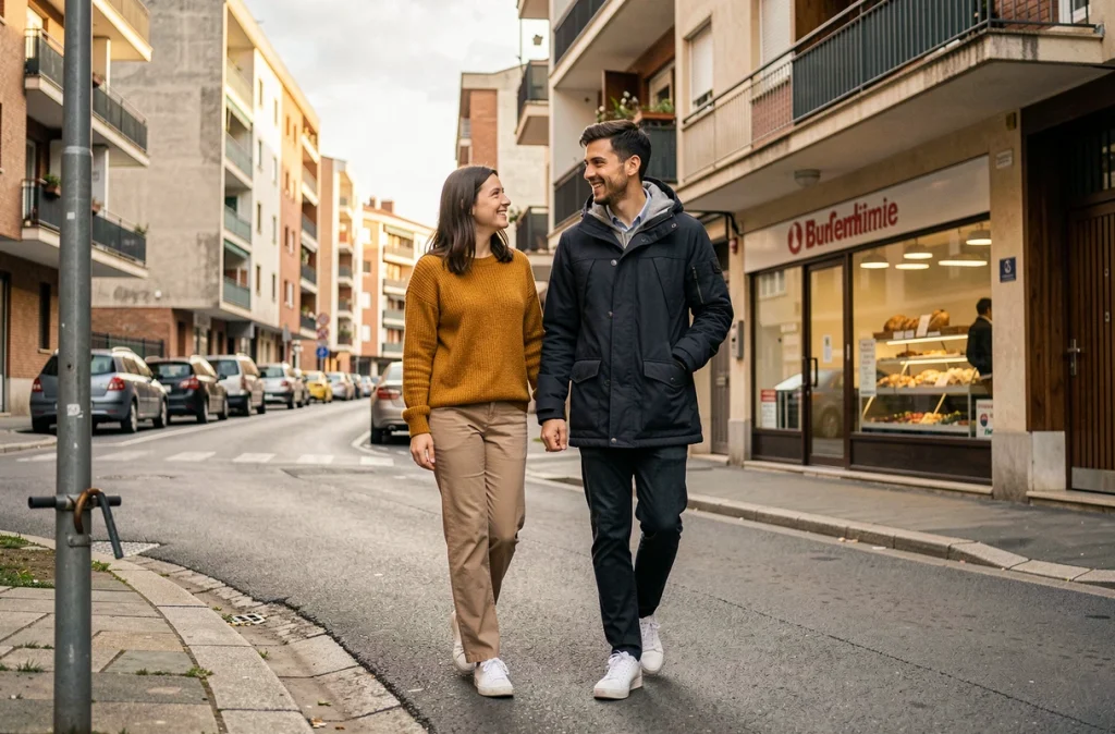 Jeune couple se promenant dans une avenue résidentielle du quartier Mermoz à Lyon, immeubles des années 1960 et ambiance de quartier