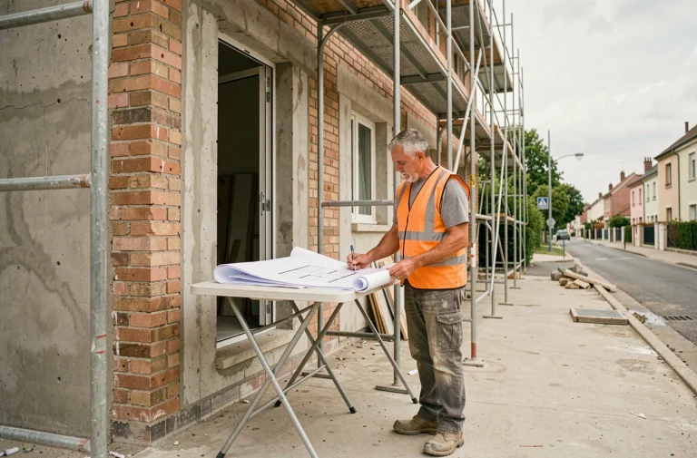 Ouvrier en chantier de rénovation urbaine à Villeneuve-Saint-Georges consultant des plans architecturaux devant un immeuble en travaux