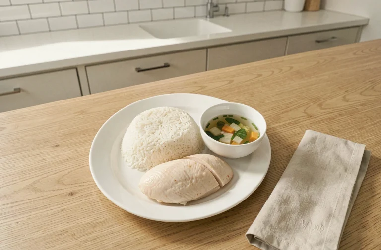 Assiette de repas pauvre en résidus avant coloscopie avec riz blanc, blanc de poulet poché et bouillon clair