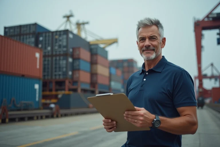 Responsable logistique examinant des documents de transport sur un quai portuaire avec des conteneurs de fret en arrière-plan