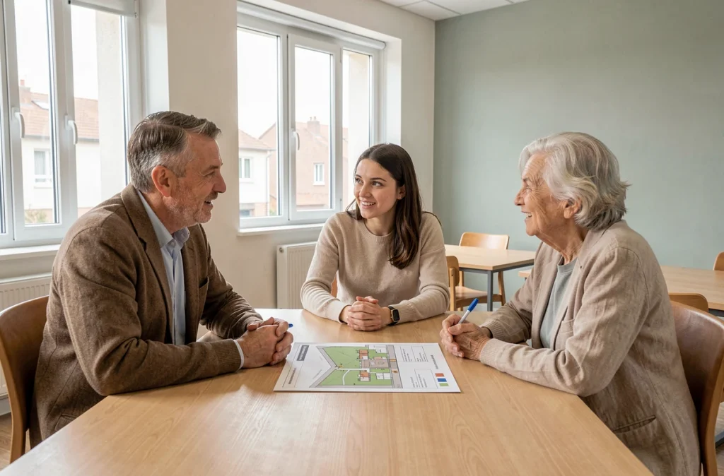 Réunion de résidents dans une salle communautaire rénovée d'un immeuble HLM à Villeneuve-Saint-Georges autour d'un plan de sécurité du quartier